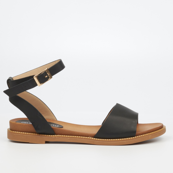 Ellie 1 Faux Leather Flat Sandals - Black
